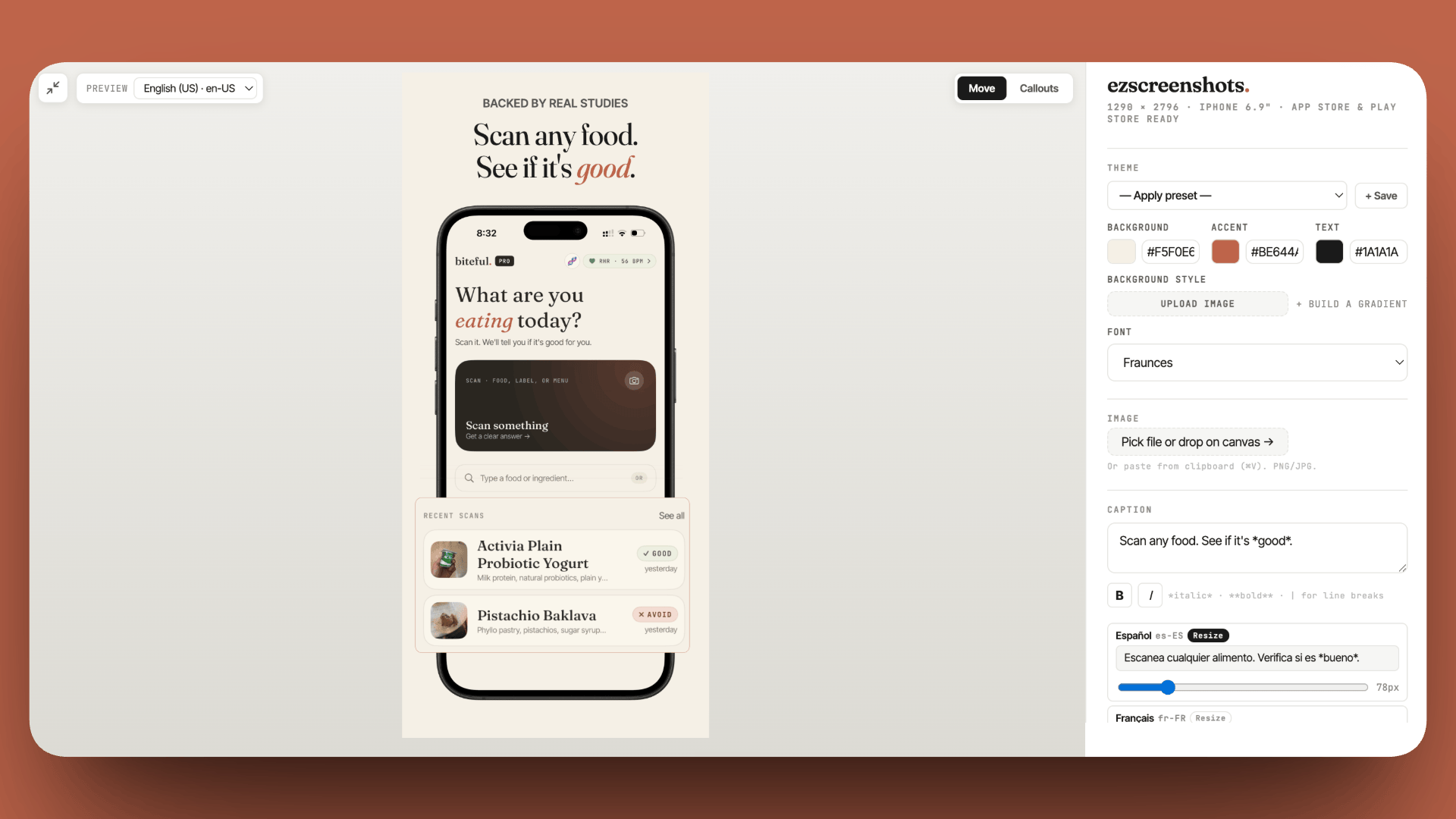 The ezscreenshots editor: a screenshot on a single canvas with a caption above it, a gradient background, and minimal controls on the right
