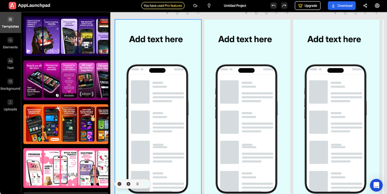 AppLaunchpad editor: template gallery sidebar on the left, three blank phone canvases in the center, layer controls on the right