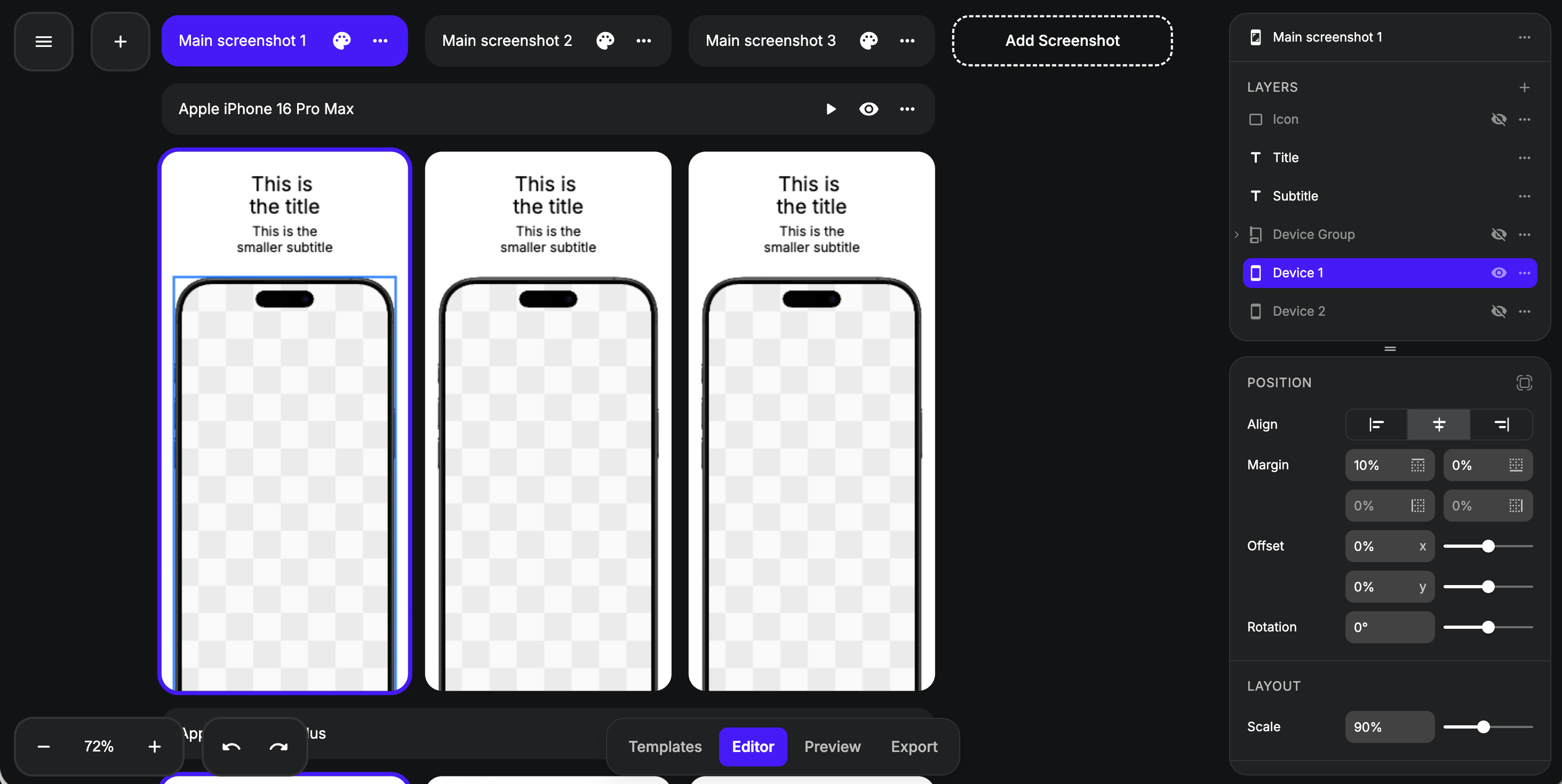 AppMockUp editor: three screenshot tabs at the top, a layered panel on the right showing Icon, Title, Subtitle, Device Group, Device 1, Device 2 layers, plus position controls for align, margin, offset, rotation, and layout width
