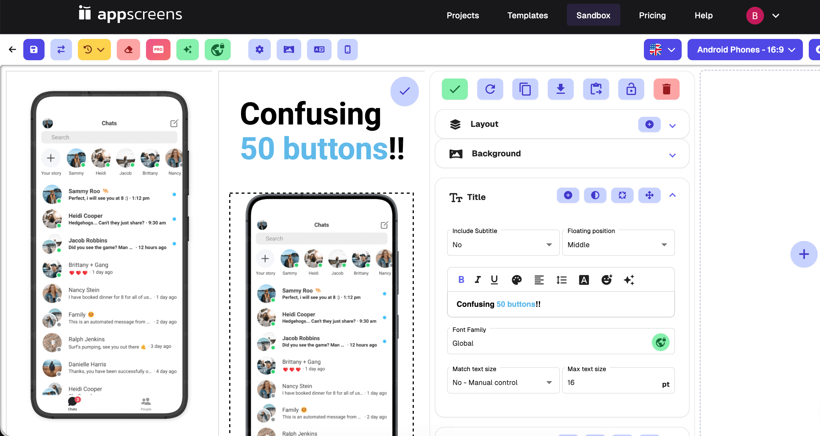 AppScreens editor: three 'Main screenshot' tabs at top, a Sandbox panel on the right with Layout, Background, Title controls including Include Subtitle toggle, Floating position dropdown, font family selector, Match text size dropdown, Max text size in points, plus rich-text formatting toolbar