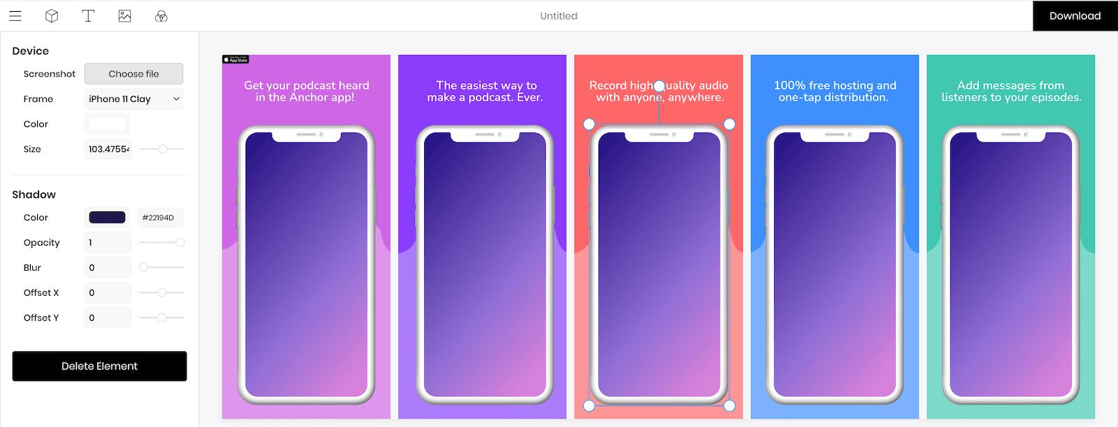 Previewed editor: device-tweaking sidebar with controls for frame, color, size, shadow color, opacity, blur, offset X, offset Y, and a row of five identical phone templates