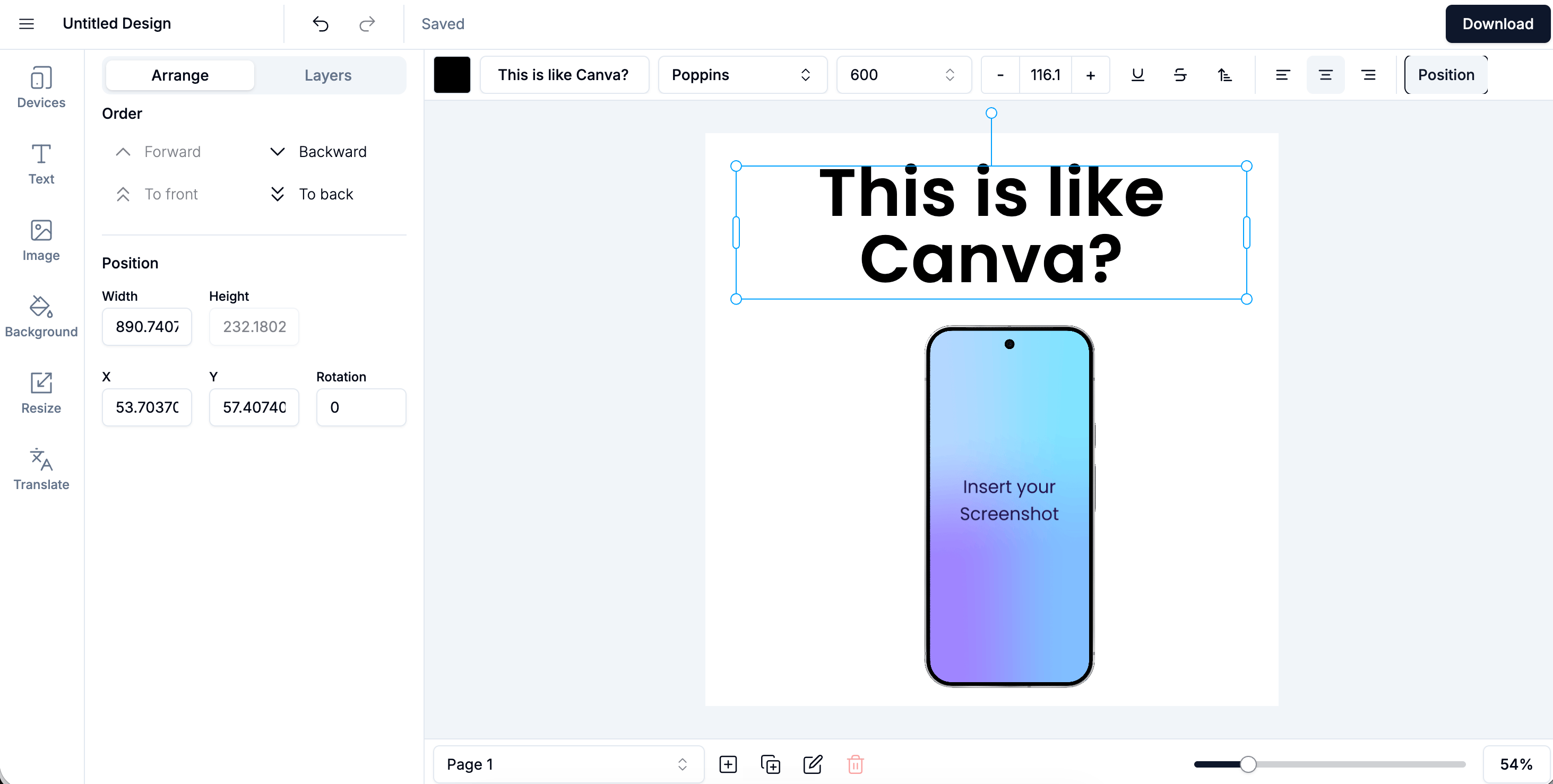 Screenshots.pro editor: Devices / Text / Image / Background / Resize / Translate sidebar on the left, top toolbar with font family, font weight, font size, alignment, underline, strikethrough, and Position controls. Canvas shows a large text 'This is like Canva?' with a separate iPhone frame below containing 'Insert your Screenshot' placeholder